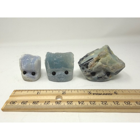 Other - Set of 3 Blue Lace Agate & Aquamarine Crystal Rock Buddies Hand Carved Stone
